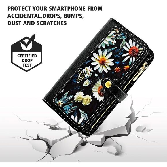 iPhone 16 6.1” Case Wallet Case Floral Wristlet Black Card Holder Phone FC2 - Picture 7 of 8